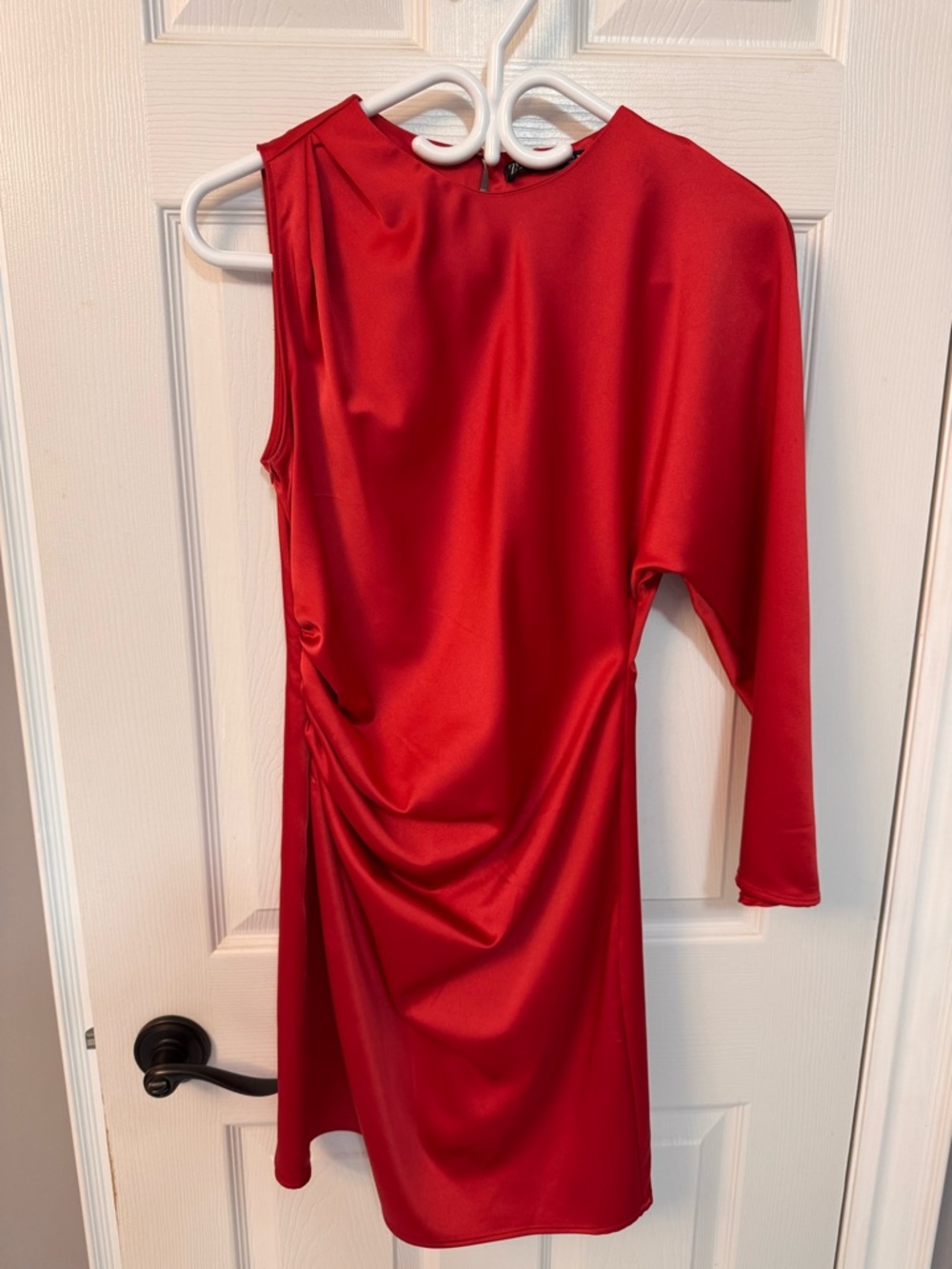 Zara Red Asymmetrical One-Sleeve Satin Dress